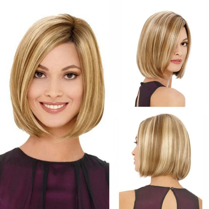 European and American fashion bobo style linen gold dyed short straight hair synthetic fiber wig