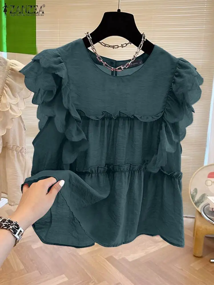 ZANZEA Women Summer Cap Sleeve Blouse 2024 Fashion Ruffles Stitching Tops Korean Solid T-Shirt Holiday Casual Round Neck Tunics