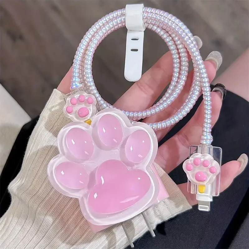 Cute 3D Pink Cat Paw Charger Protector For IPhone 15 14 13 18W 20W Original Charger Data Line Spiral Winder Protective Sleever