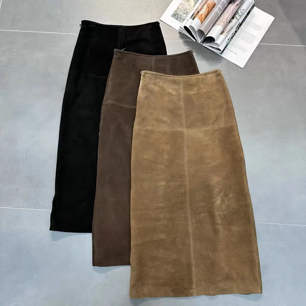 Retro High Grade Suede Real Leather Long Skirt 80cm For Women Upgraded Imported Jupe Back Split Waist Loop Faldas Ankle-Length