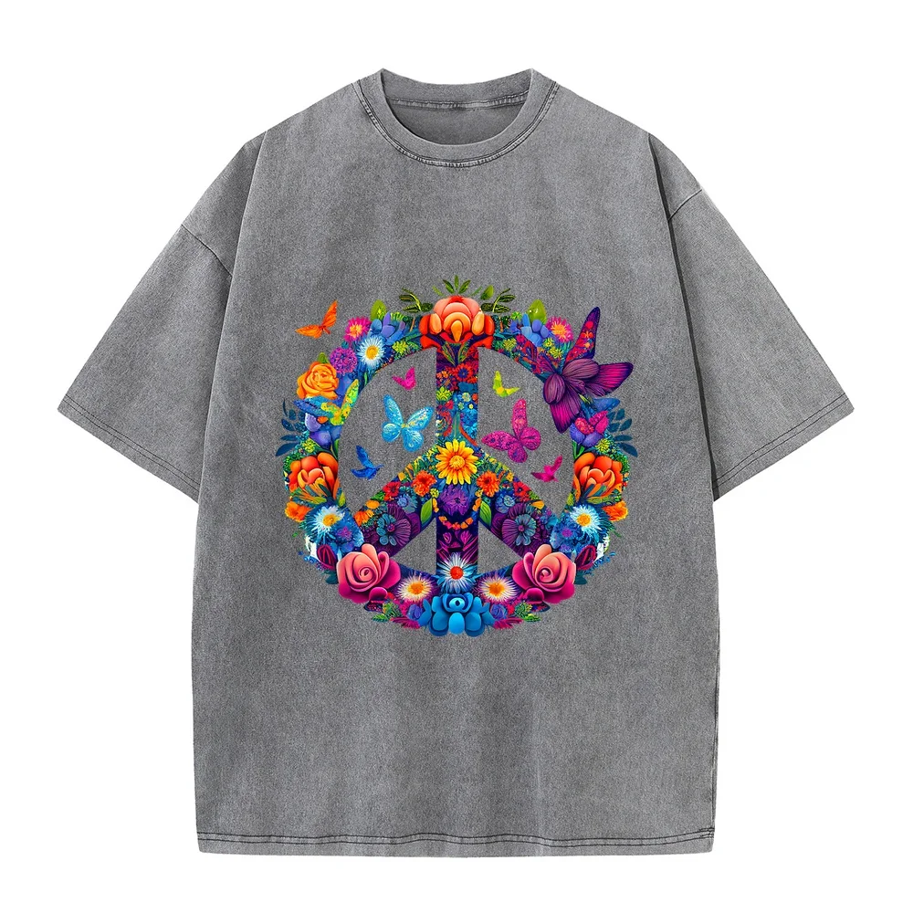 Peace Love 60's 70's Groovy Costume Colorful Flowers T-Shirt 옷 M Size Cotton T Shirt Short Sleeve Summer Top Casual Tee Graphic