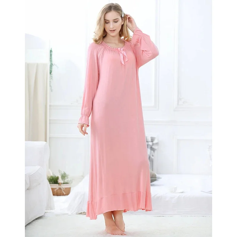 

Long Nightgown Women's Loungewear Modal Long Sleeve Sleepwear Soft Princess Full Length Sleep Shirt Plus Size Nightdress Nighty