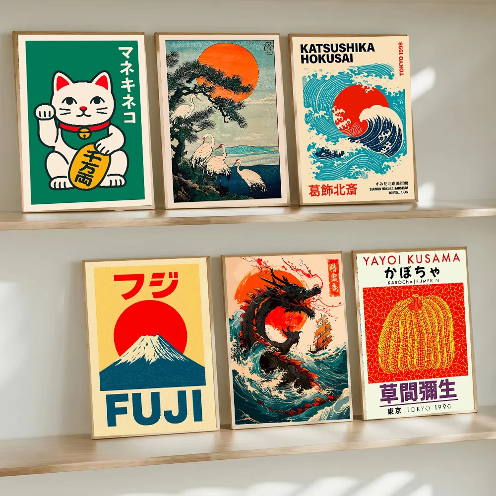Japanese Woodblock  Lake and Boat Pumpkin Art Dragon Ship Wave Osaka Crane Poster Canvas Painting for Living Room Home Decor