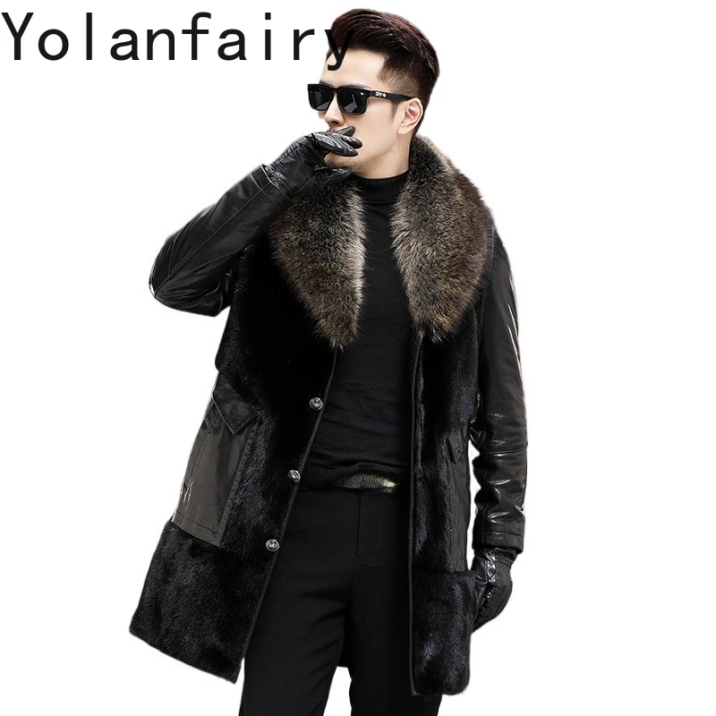 YOLANFAIRY Trend Natural Mink Real Fur Coat Man Luxury Whole Mink Spliced Genuine Goatskin Leather Jackets Warm Goose Down Coat