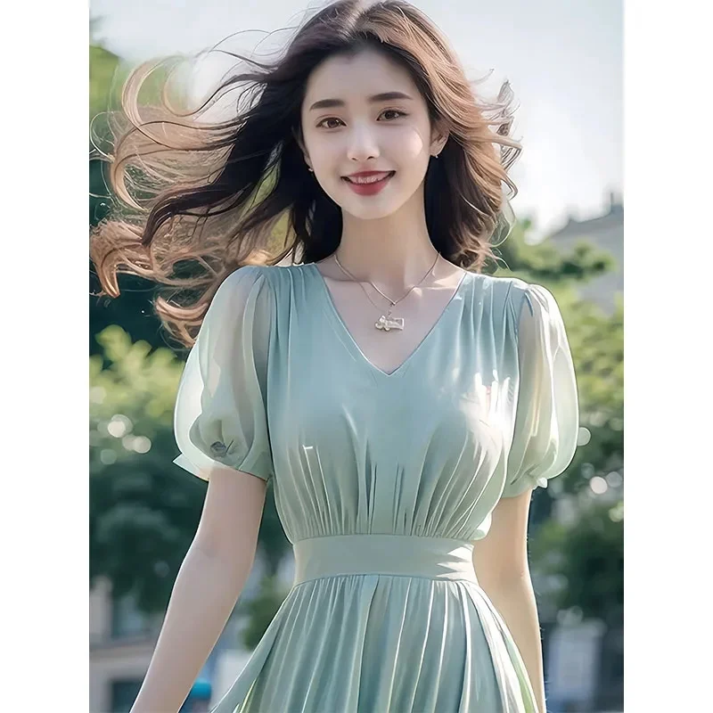 2024 Summer New Vacation Display Age Reducing and Slimming Long Dres Fashionable Super Fairy Light Green Chiffon Dress for Women