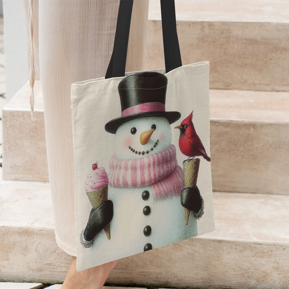 1Pc Vintage Christmas Snowman Santa Reusable Tote Bags Retro Pink Scarf Pattern Fashionable Shopping Bag