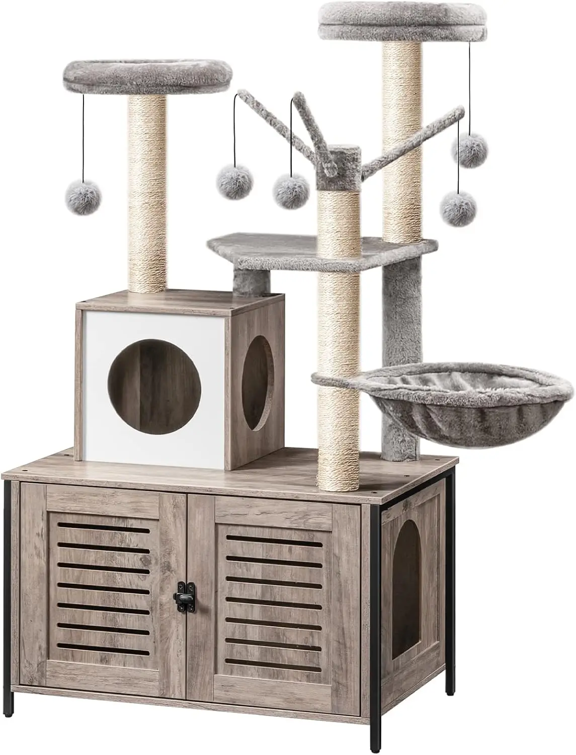 Indoor Use, Wooden Cat Tree in Greige, All - in - One with Litter Box, Hammock and Detachable Teaser Sticks