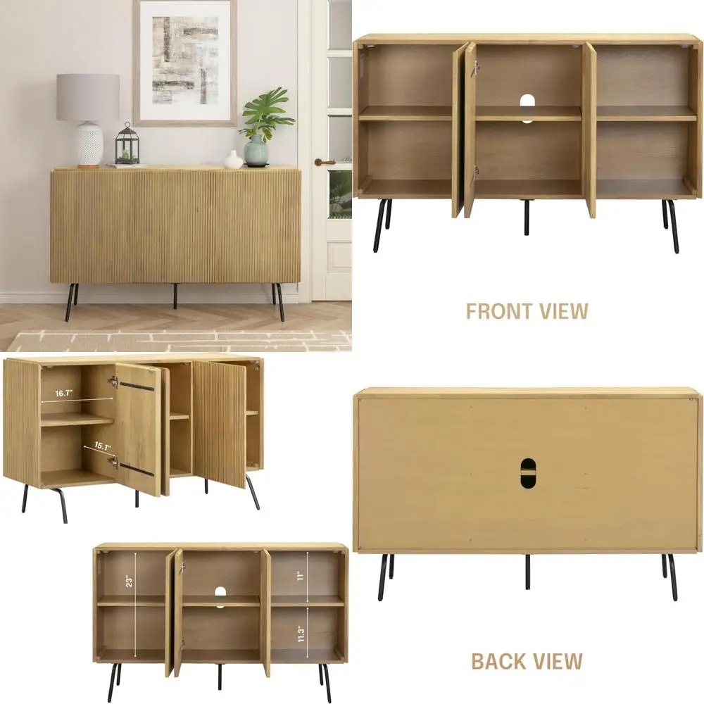 

Contemporary Sideboard with 3 Doors, Vertical Groove Buffet Cabinet, and Metal Legged Storage Cabinet for Living Room