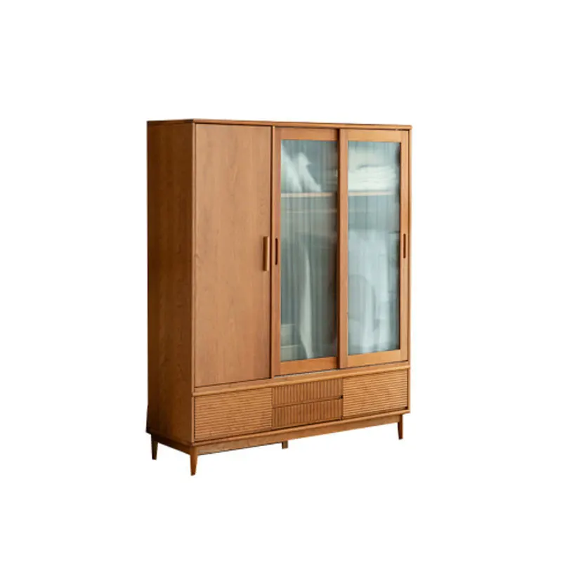 

Nordic all solid wood cherry wood clothing cabinet modern simple Japanese home bedroom wardrobe glass sliding door wardrobe