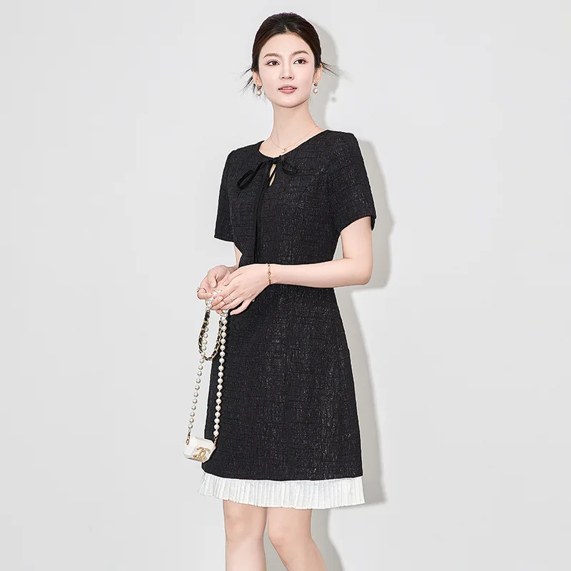 

2504202 -Nanyou Elegant Small Fragrance Style Tie Collar High-end Fashionable Patchwork Pleated Dress Women Summer New
