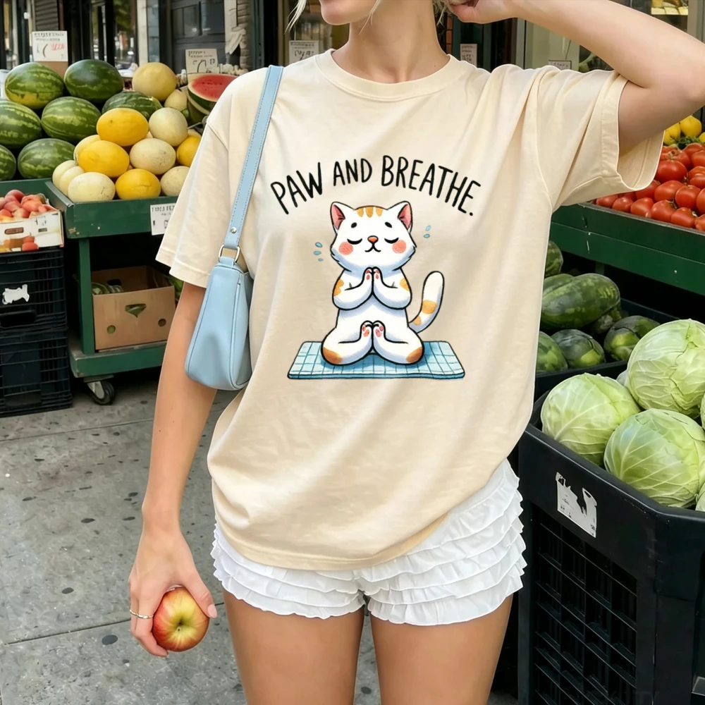 Paw and Breathe Yoga Meditation Cat T Shirt Women Cartoon Orange Tabby Kitten Print Casual Loose Cotton Relax Pet Lover Blouse