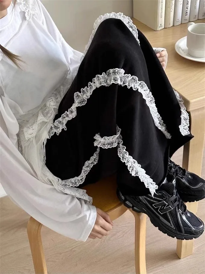 여성용 신축성 있는 허리 밴드 슬릿 레이스 트림 장식 스커트 하이 웨이스트 롱 스커트 다용도 기타 소재