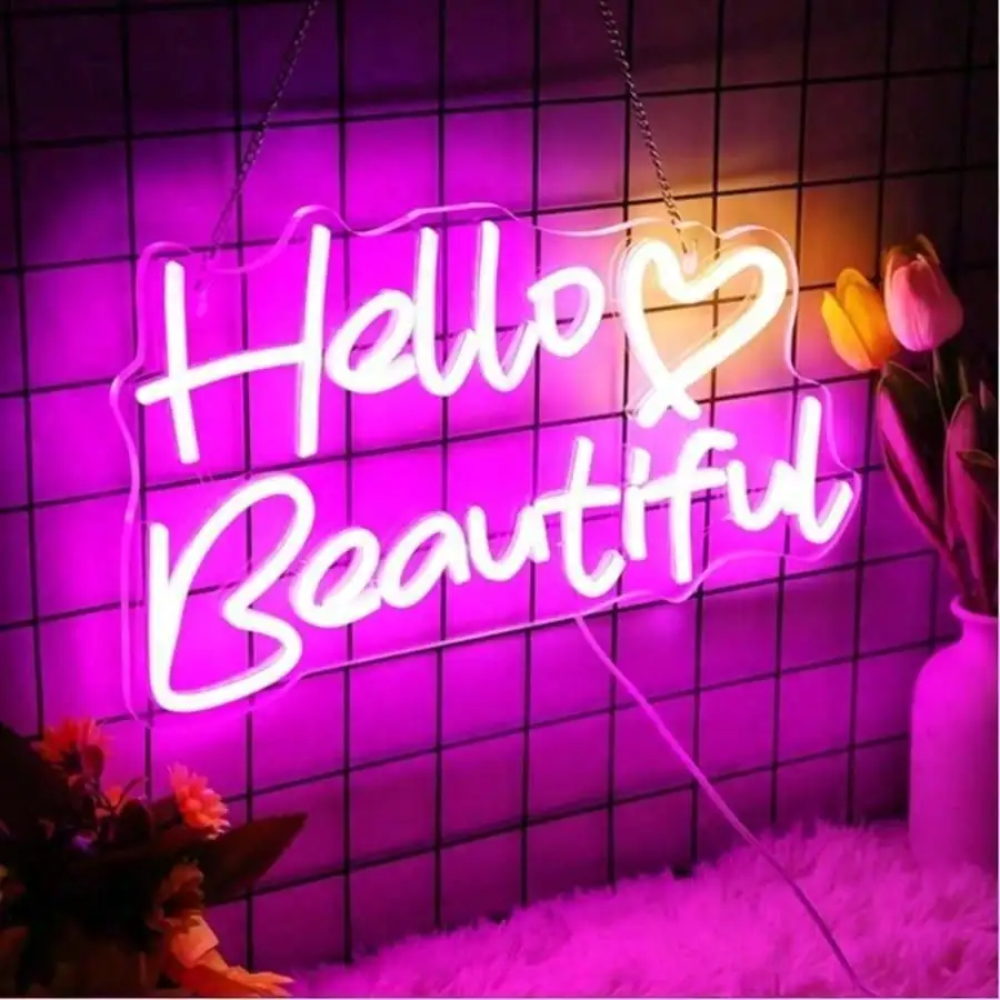Hello Beautiful LED Neon Sign Dimmable USB Wall Light for Girls Bedroom Vanity Hotel Wedding Birthday Party Home Wall Decor Gift