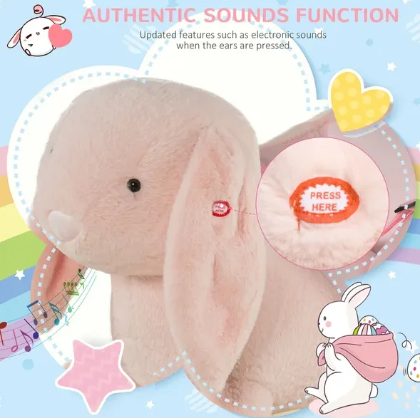 Cavallo a dondolo Qaba Rabbit, tessuto morbido peluche e base in legno, funzione sonora, comodo giocattolo da cavalcare per i più piccoli, rosa