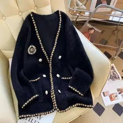 V-neck Knitting Cardigan Coat Women Autumn Winter Simplicity Office Lady Solid Color Sweater Fashion All-match Knitwear Tops