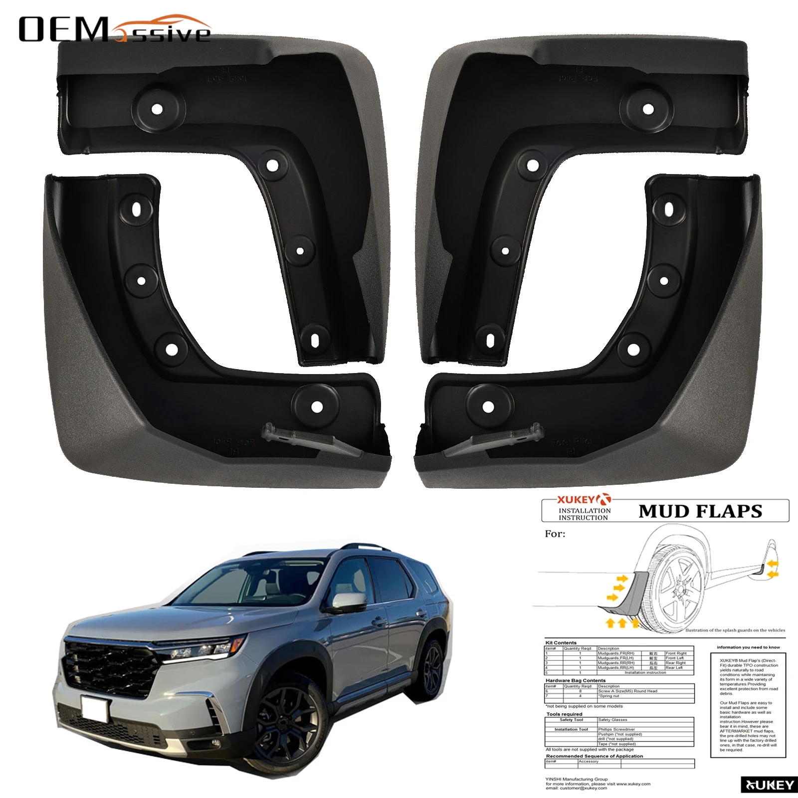 ホンダパイロット用フロント-リアマッドガード、スプラッシュガード、フェンダー、マッドフラップ、カーアクセサリー、4個セット、2023、2024、2025