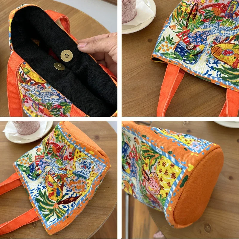 New Fashion Canvas Fabric Women Handbag Special Colorful Artist Design Pattern Top-handle Bag Casual Lunch Tote Bags