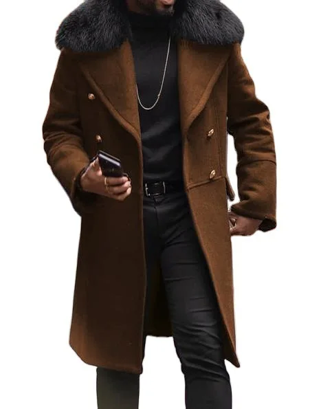 

2025 autumn and winter new men's casual woolen solid color slim fit double breasted brown side seam pocket men's coat