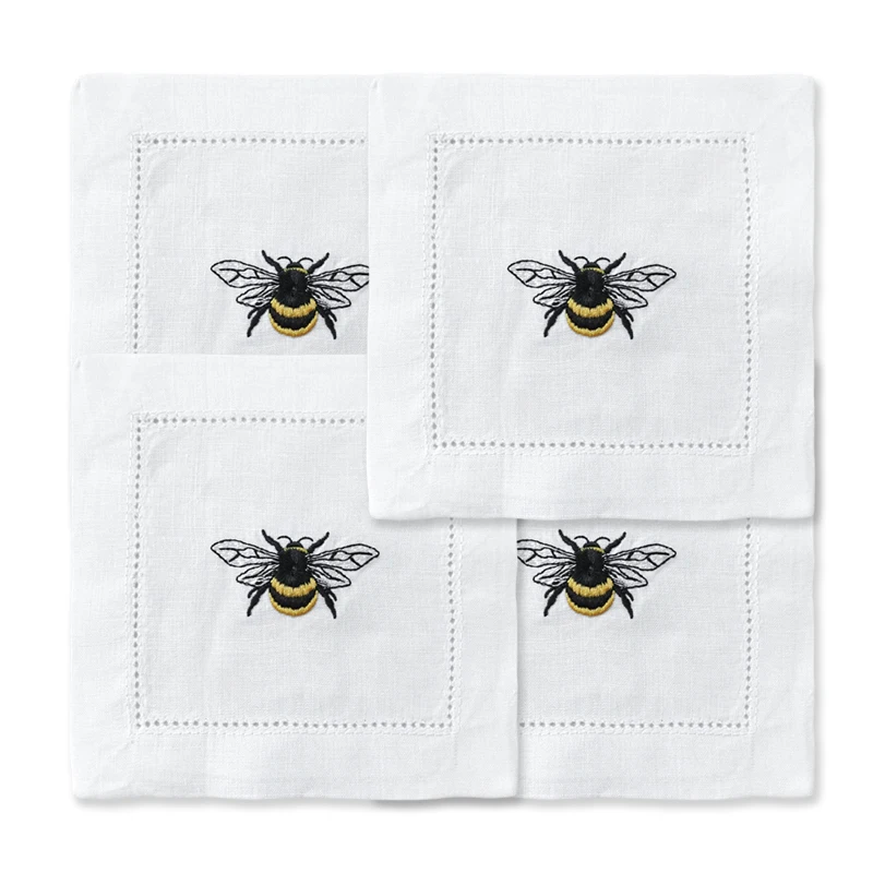 @Embroidered Bee Cocktail Napkin, Pure Linen, Cute And Elegant, Tea Napkin, 15x15cm