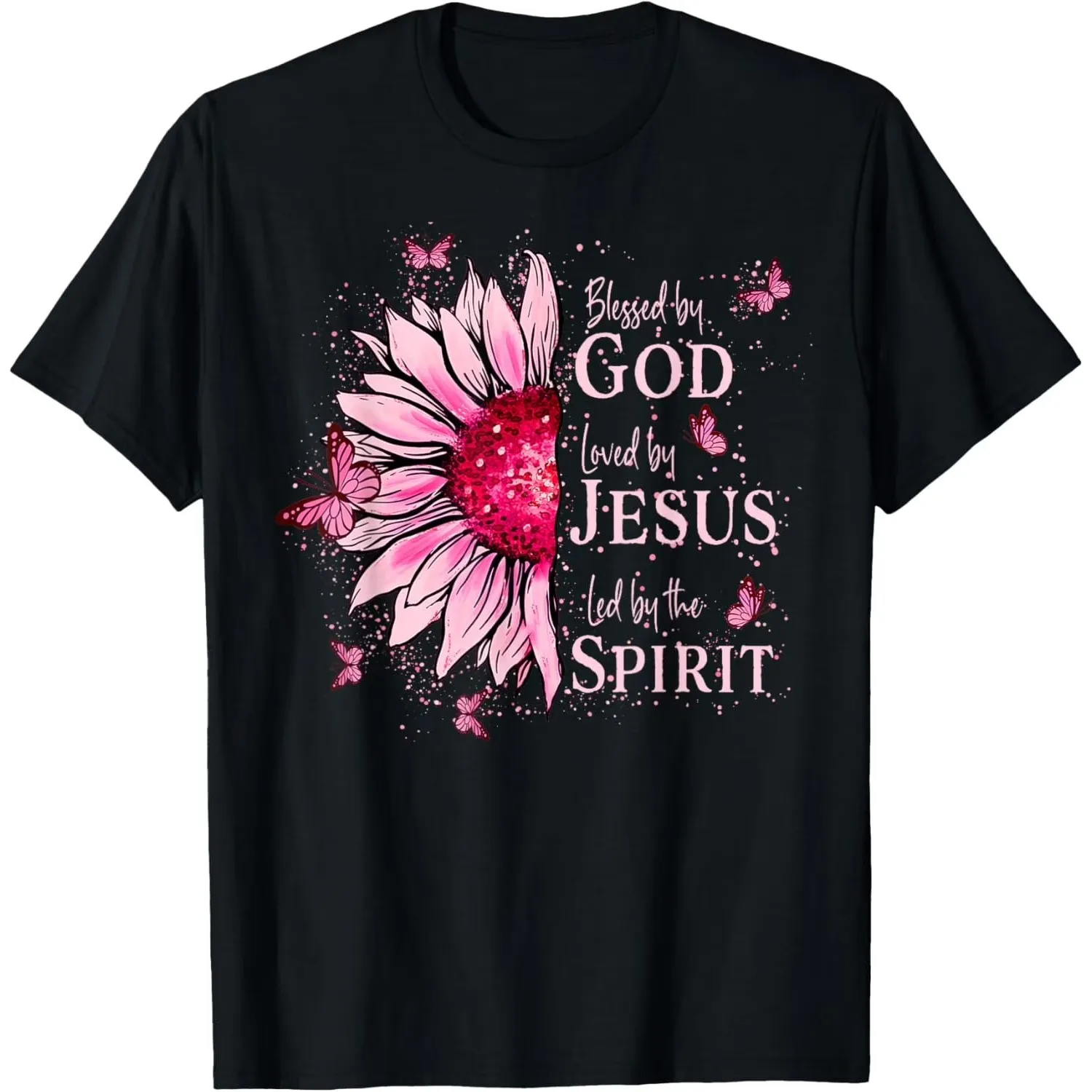 Blessed By God Pink Sunflower T-Shirt Faith Graphic Cotton Short Sleeve Tee