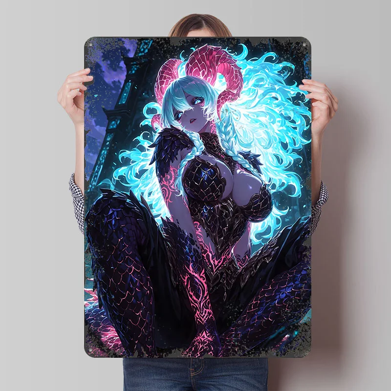 Horned Demon Girl With Glowing Hair Printed Poster Customized Wall Art Retro Vintage Metal Tin Signs for Desk Decor Coffee Bar