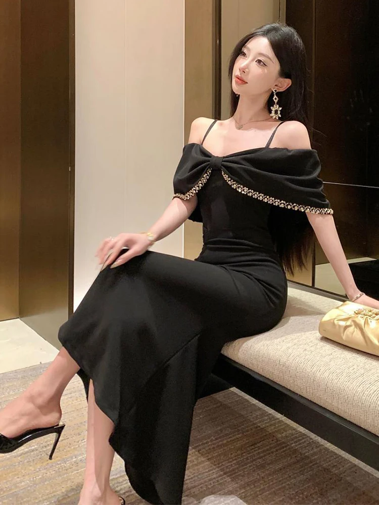 우아한 럭셔리 블랙 슬링 패션 맥시 드레스 여성용 리본 바디콘 머메이드 이브닝 파티 프롬 가운 로브 베스티도 여성 정장 신상