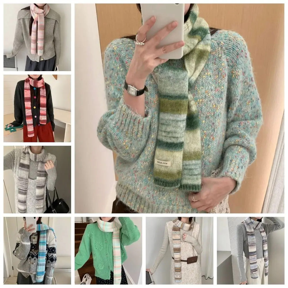 

Soft Korean Style Rainbow Striped Scarf Thickened Neck Warmer Cashmere Knitted Scarf Plush Windproof Winter Shawl Women