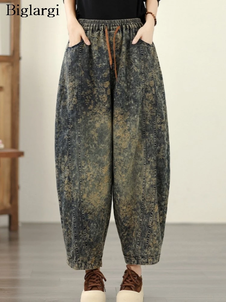 

Джинсы большого размера, осенние брюки с цветочным принтом, женские плиссированные свободные модные женские брюки, эластичные женские брюки с высокой талией