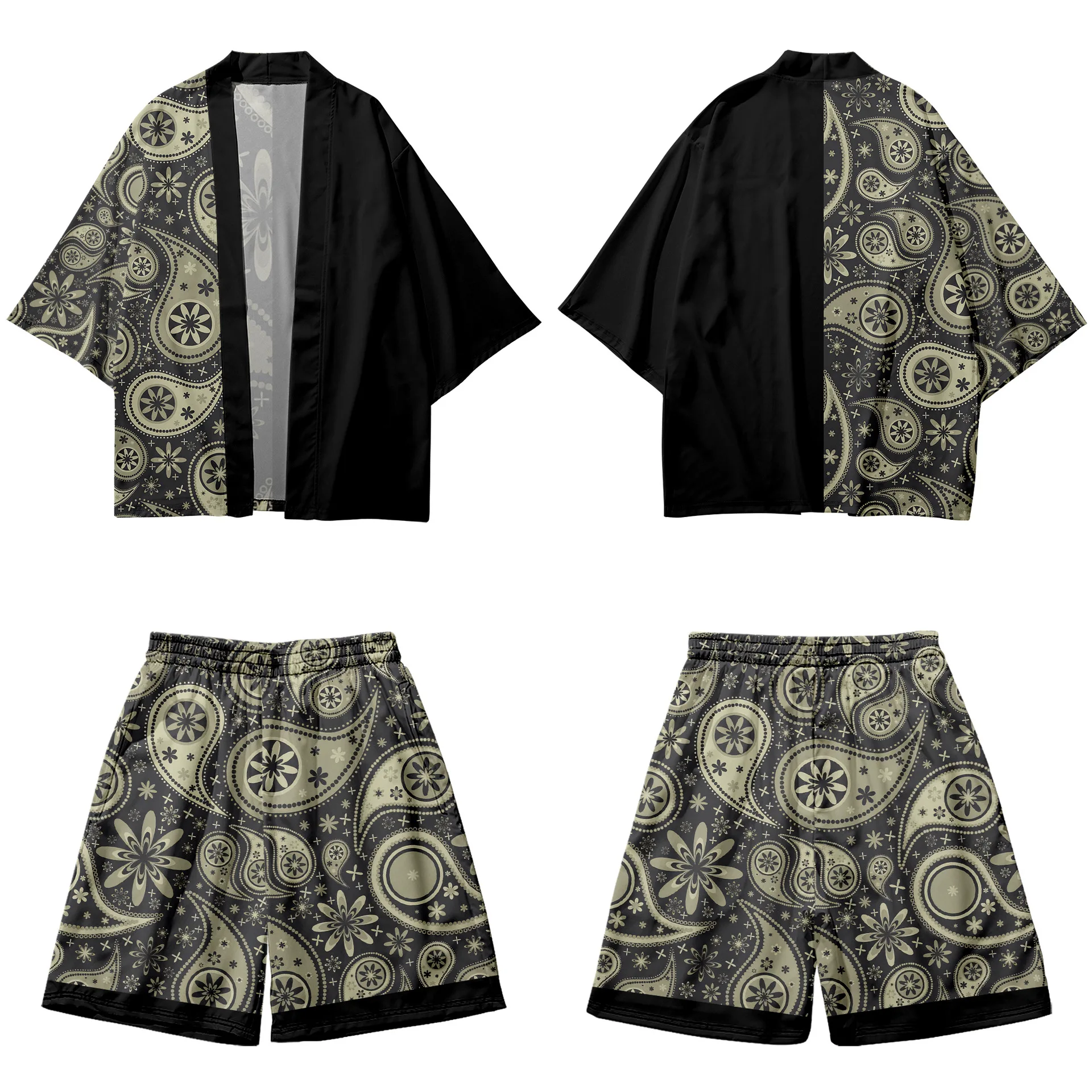 Splicing Cashew Printed Couple Women Men Japanese Kimono Casual Loose Cardigan And Beach Shorts Set Asian Clothes Harajuku