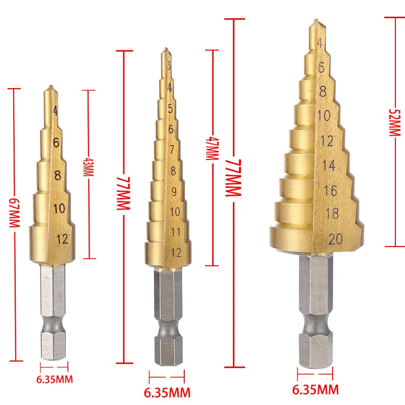 3mm 12mm 20mm Hight Speed Steel Straight Groove Step Drill Bit Set Hex Titanium Coated Wood Metal Hole Cutter Core Tool