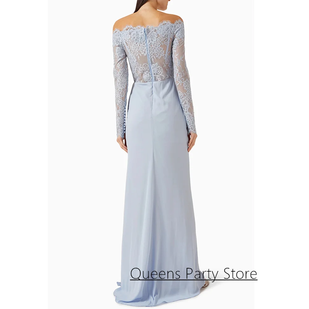 Neu eingetroffenes Abendkleid mit hohem Schlitz, maßgeschneidert, U-Boot-Ausschnitt, lange Ärmel, Spitze, saudi-arabisches Abendkleid