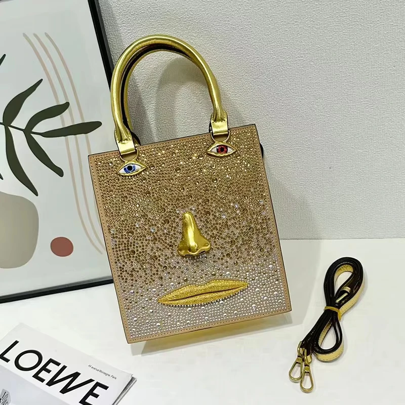 New Brand 3D Face Full Diamonds Women's Handbag Luxury Fashion Gold Eyes Shoulder Crossbody Bag Vintage Lady Evening Party Bag