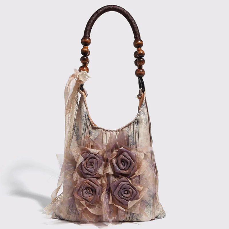 Retro Rose Blossom Women Bag New Wrinkle Underarm Bag Commuter Tote Bag Shoulder Handbag