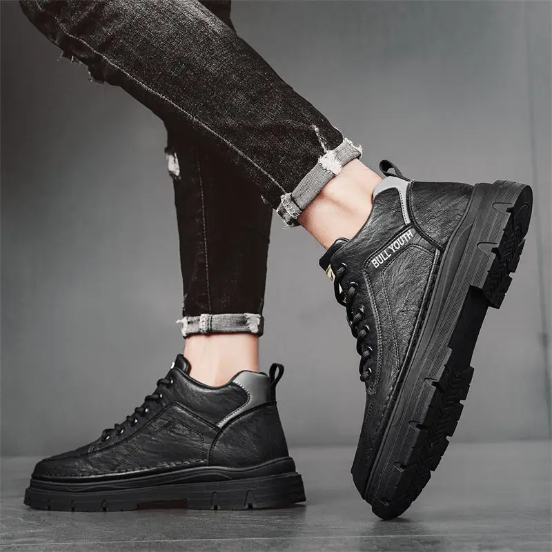 Platform Flat Man Casual Boots Thick Sole Leather Shoes Men Outdoor Social Footwear Offer Adults Cheap Clearance Free Shipping