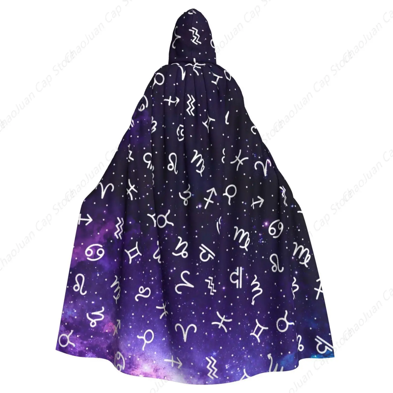 Zodiac Hooded Cloak, Starry Night Sky Galaxy Print with Constellation Symbols, Mystical Robe for Halloween Cosplay Witchcraft