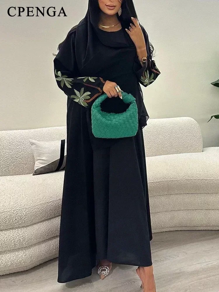 Eid ramadan ชุดเดรสมุสลิมสีดำสุภาพสำหรับผู้หญิง, ชุดเดรสมุสลิมอาหรับแบบเปิดสำหรับผู้หญิงชุดเดรสสไตล์มุสลิมสไตล์ซาอุดิอาระเบียแบบเรียบ