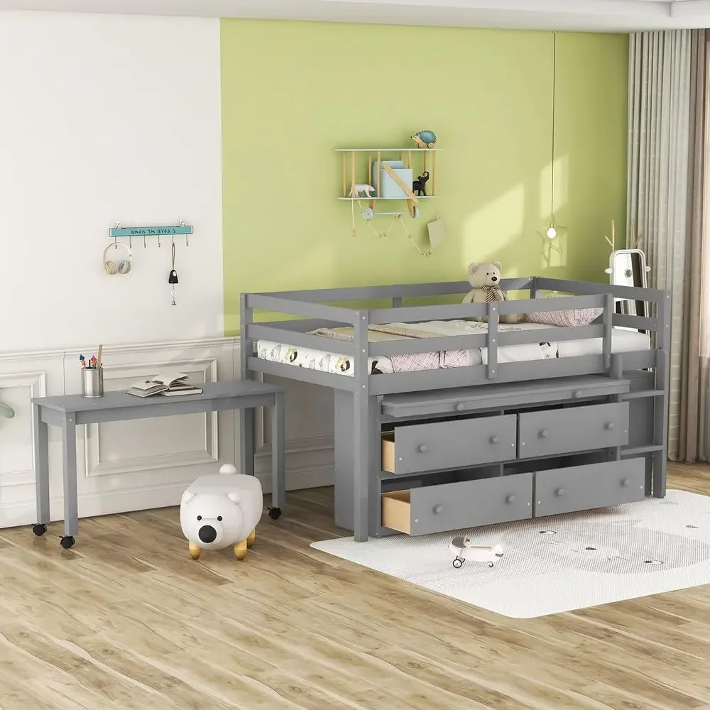 

Gray Twin Size Loft Bed with Desk, Storage, and Ladder, Full-Length Guardrails, Space-Saving, No Box Spring Needed