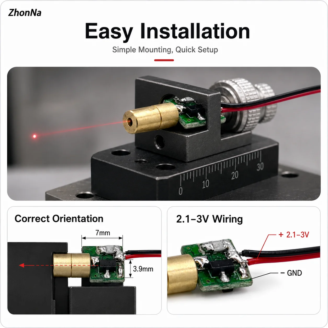 ZhonNa 650nm 5mW Red Laser Module Single Point Industrial Laser Head Optical Instrument Laser Level Tools Positioning Alignments