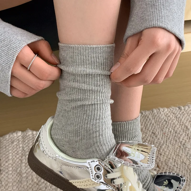 Cream JK Socks Women's Spring Summer Middle Tube Long Loose Socks Thin Solid Color Japanese Versatile Black Lolita Stacked Socks