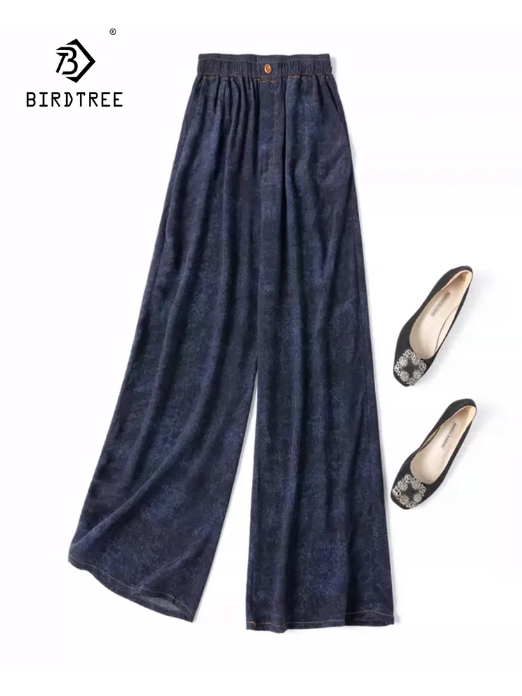 

Birdtree, 100%Real Silk Wide Leg Jeans, Women High Waisted Solid, Loose Casual Commute Versatile Trousers, 2024 Summer B461105QC