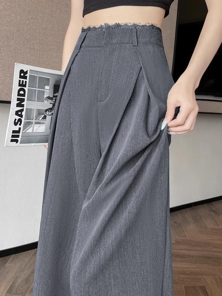 

Ice Silk Wide Leg Pants Women's Spring Thin Lace Trim High Waist Slimming Loose Drapey Straight Casual Floor Length Trousers
