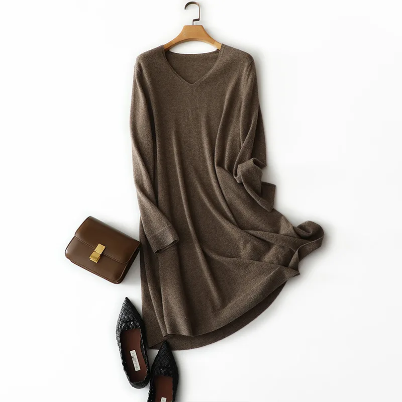 

masigoch v neck winter luxury 100% cashmere dresses for women