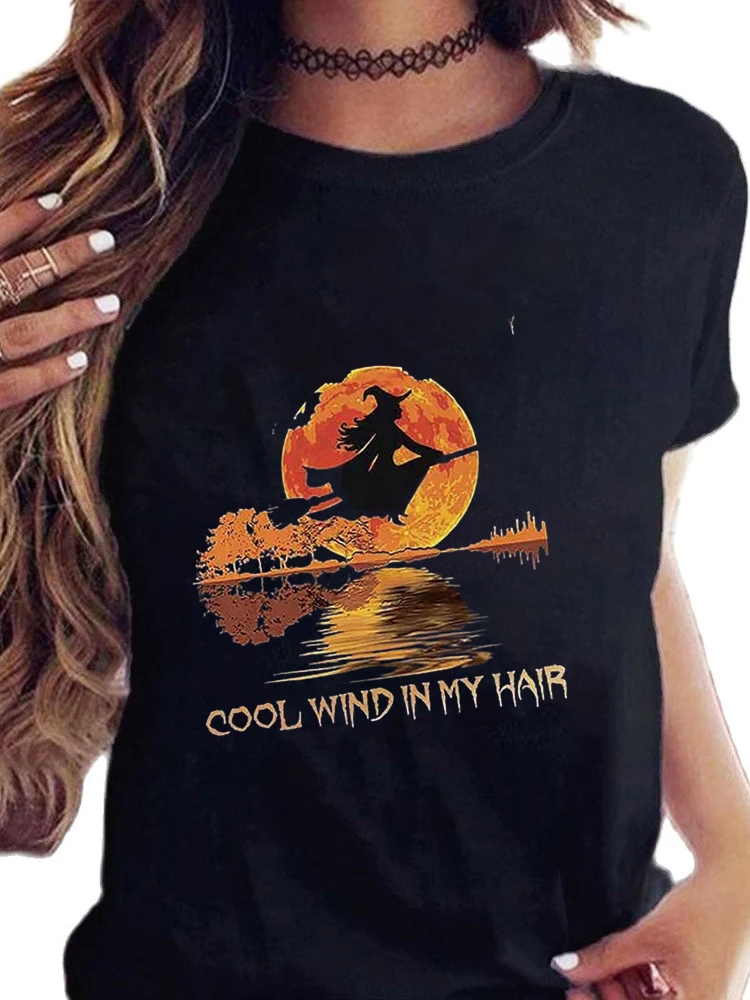 Women Halloween Tshirts On A Dark Desert Highway Witch Feels Cool Wind in My Hair Bleached Graphic Tees Fathers Day T-Shirt