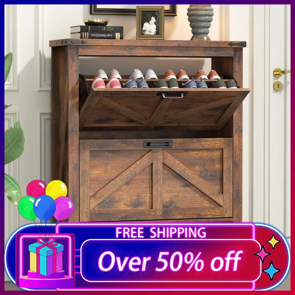 

Farmhouse Shoes Cabinet, Freestanding Tipping Bucket Shoe Rack Organizer, Shoe Storage with Storage Cubby, Hidden Shoe Cabinet