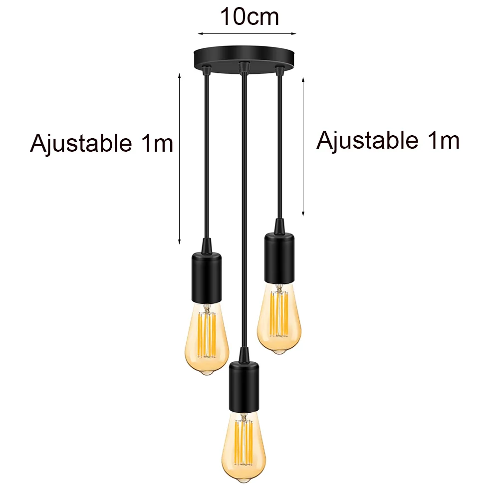 Lampade a sospensione a soffitto a 3 vie portalampada industriale E27 presa Base a sospensione con 1m CabIe regolabile nero per sala da pranzo