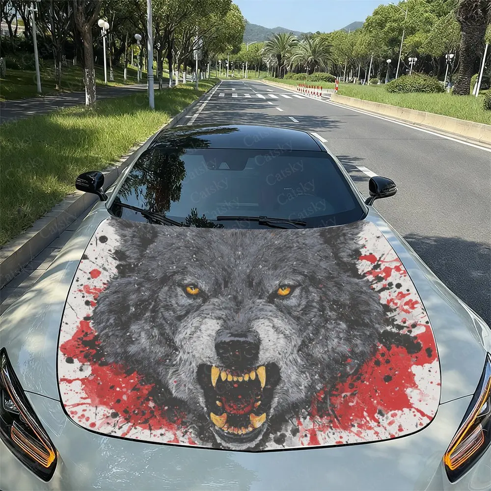 Angry Black Wolf Car Vinyl Wraps Car Hood Film Self-adhesive Sticker Waterproof And Scratch Resistant, Suitable For Most Vehicle