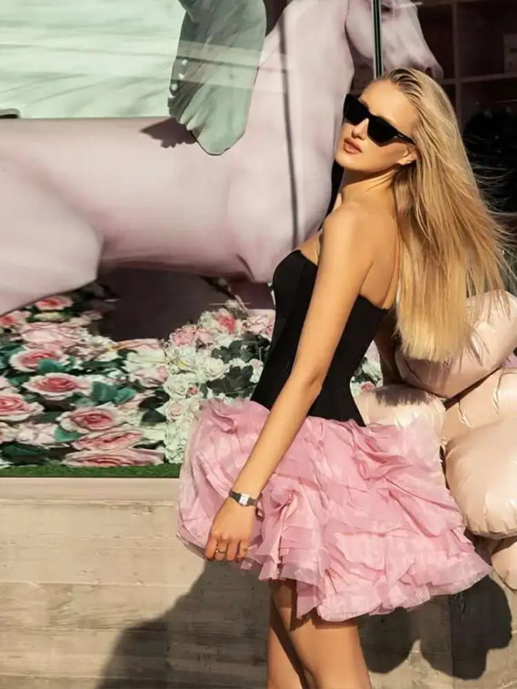 Fashion Wer Set Women Strapless Fish Bone Tank High Waist A-E Mini Skirt Female Sets 2025 Spring Summer Lady Suit