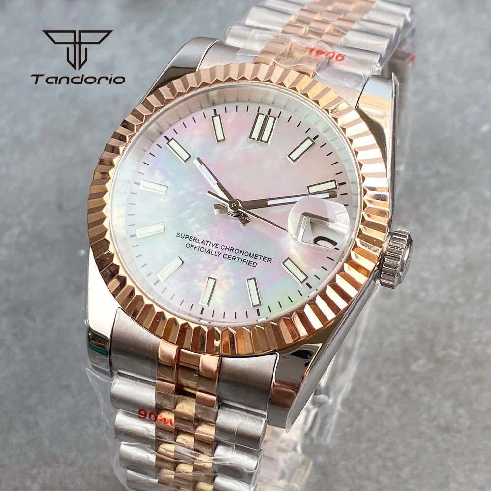 Tandorio MOP Dial NH35A Two Tone Automatic Mechanical Watch for Men Date Sapphire 36mm/39mm Rose Gold Coated Wristwatch Luminous