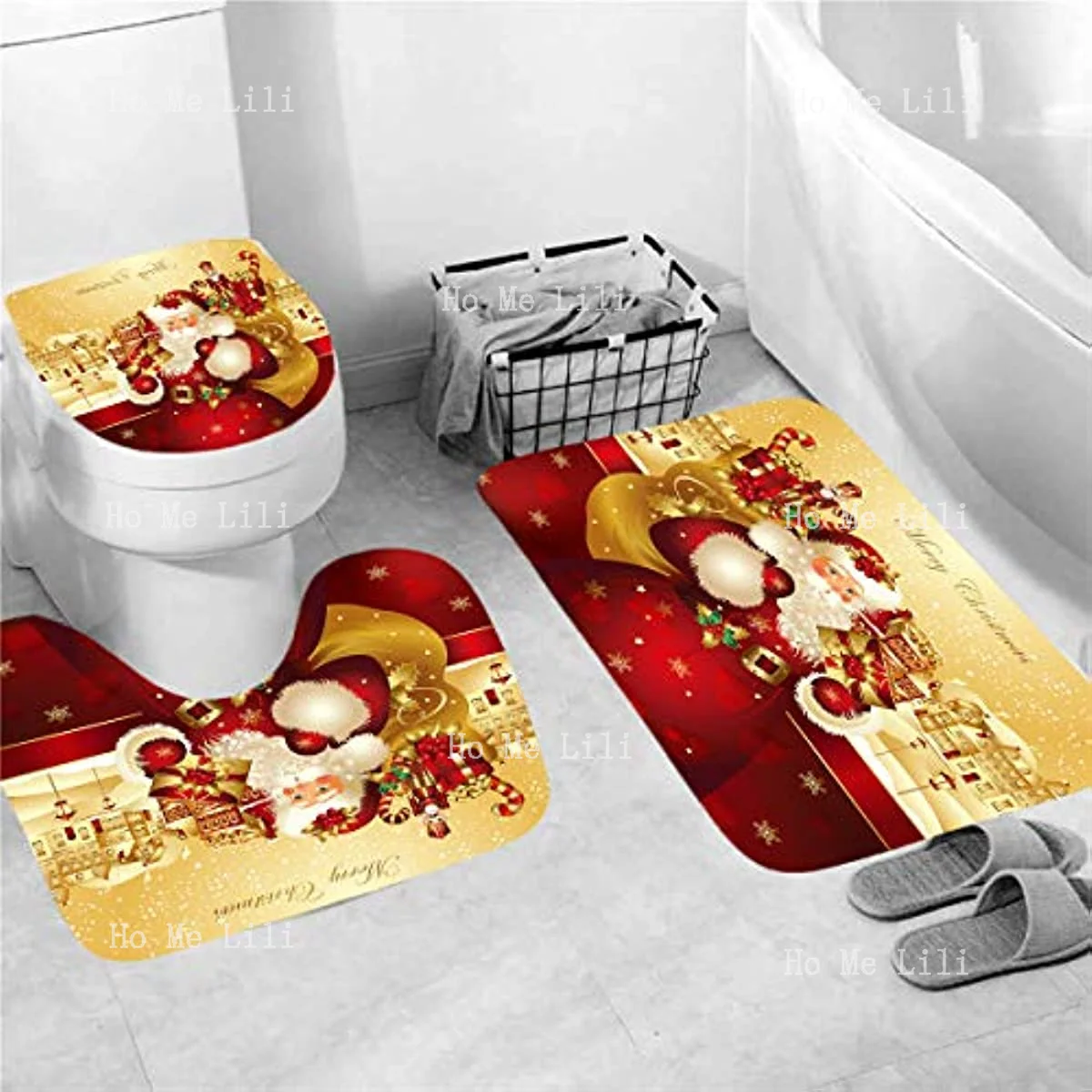 4 Pieces Christmas Bathroom Curtain Set Waterproof Fabric Shower  Non Slip Carpet Bath Rug And Toilet Tank Cover