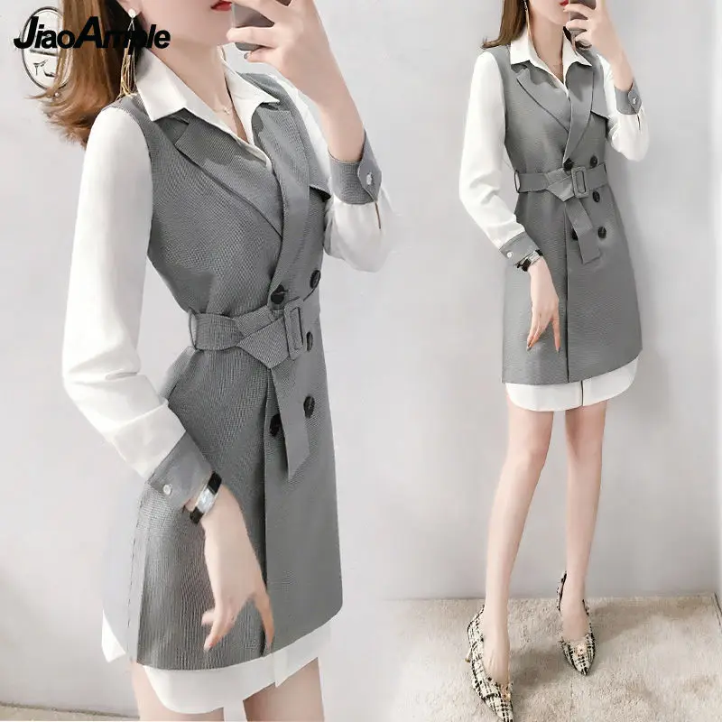 2024 Spring Suit Women's Fashion Temperament Shirt Dress Vest Two-piece Korean Elegant Coat Midi Skirt Set Female Clothing